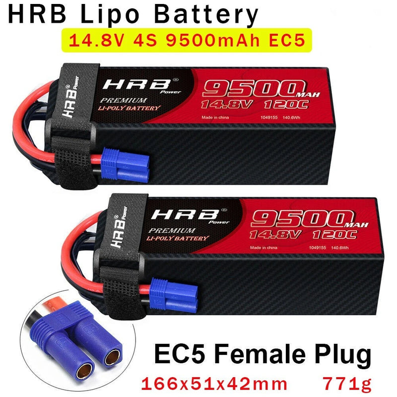 2pcs HRB 9500mAh 4S EC5 LiPo Battery 14.8V 120C for EC Helicopter Drone Truck US Battery