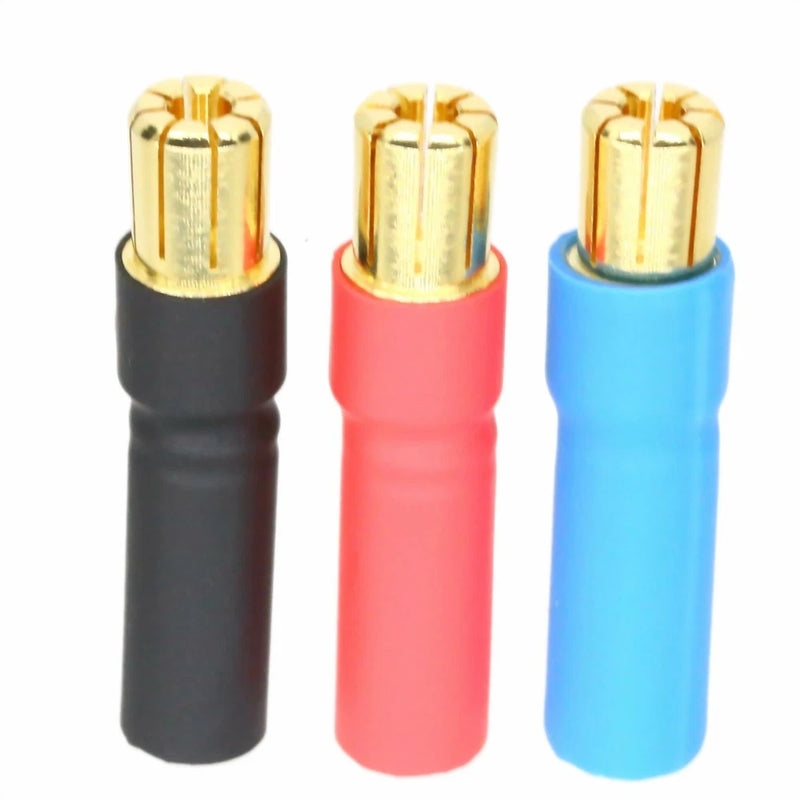 Gold bullet banana adapter connectors with 6.5mm male to 5mm female, in black/red/blue