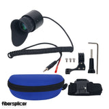 Head-mounted display kit with black goggles, cables, and blue carrying case
