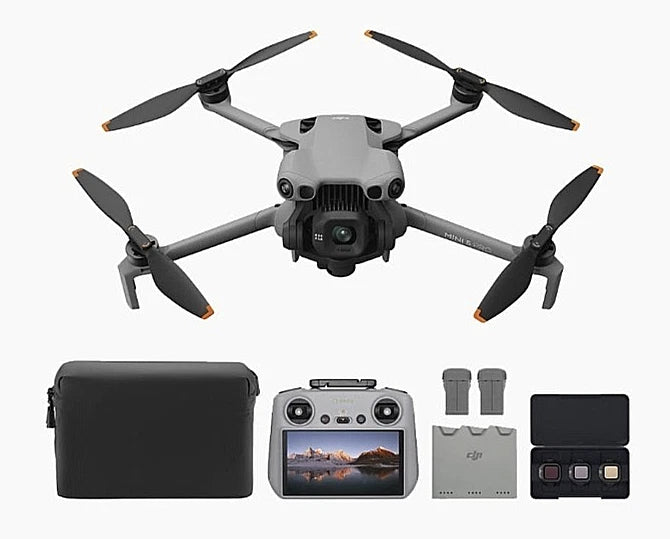 DJI Mini 5 Pro drone with remote controller and accessory case, showing four propellers