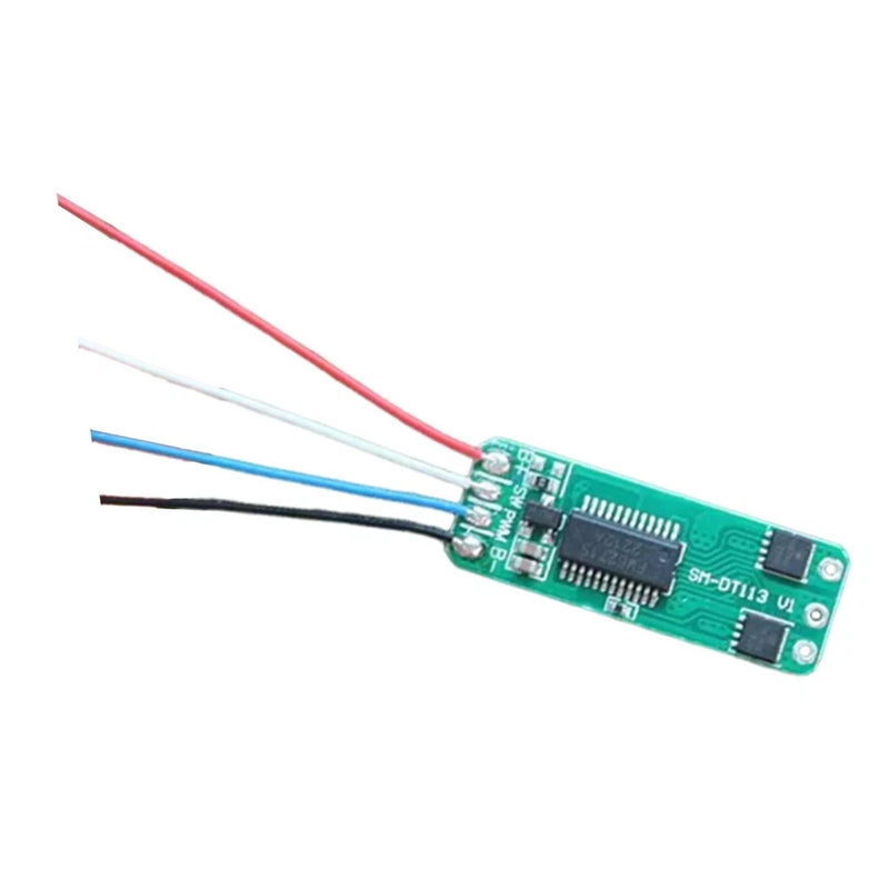 Mini brushless motor controller PCB with red, white, blue, and black leads
