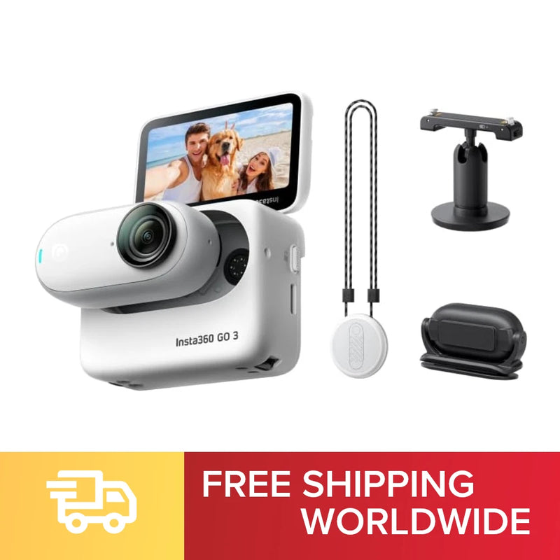 Small white Insta360 GO 3 action camera with tripod mount and protective case