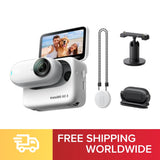 Small white Insta360 GO 3 action camera with tripod mount and protective case