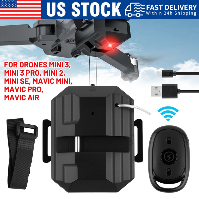 Drone airdrop dropper accessory kit with black controller remote and mounting strap