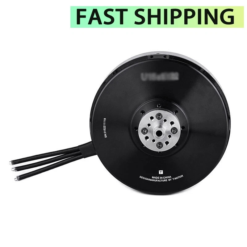 T-Motor drone motor, black circular housing with mounting flange and three wire leads