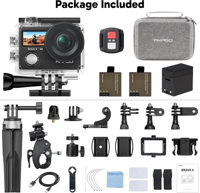 Brave 4 Action Camera with Selfie Stick Tripod and Carrying Case Bundle - 4K30 2