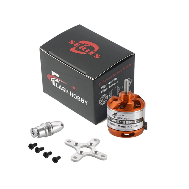 RC brushless motor kit with orange motor can, mounting plate, and screws in box