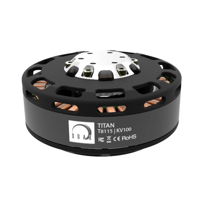 Black brushless RC motor with top mounting plate, Titan T8115 KV100 label