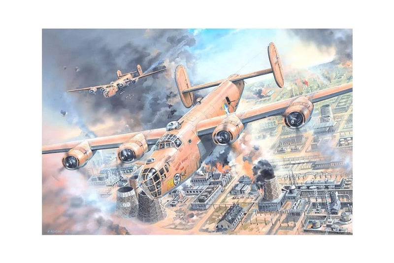 Beige and blue airplane plastic model kit with detailed parts artwork