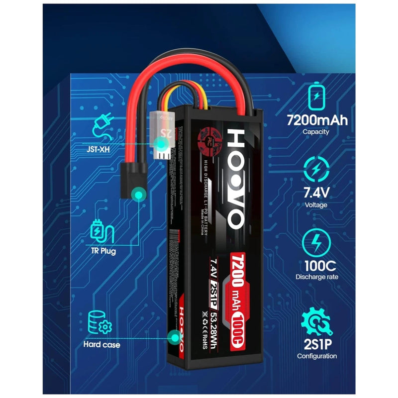 High Performance 2S Lipo Battery 7200mAh 100C TR Plug 2 Pack Battery