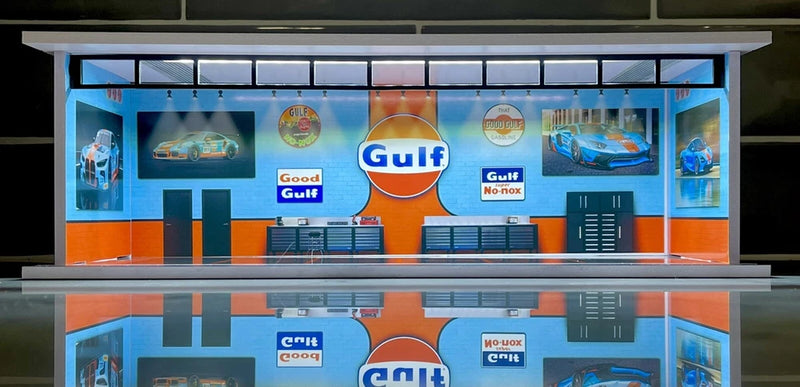 CUSTOM Gulf Interior Garage Theme 1/64 Scale Garage Diorama with LED Lighting!