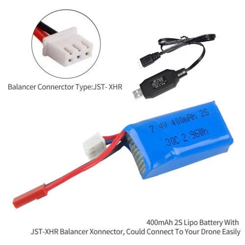 2S 7.4V 400mAh LiPo battery with red/black leads and JST-XHR balance plug
