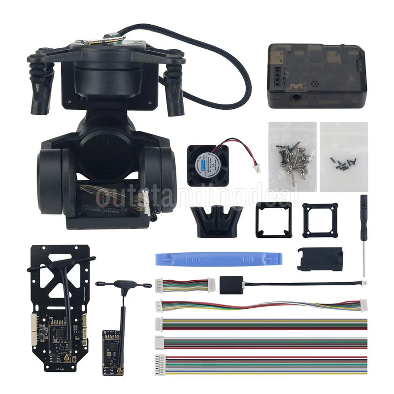 Black FPV gimbal PTZ kit with control board, cables, and mounting parts
