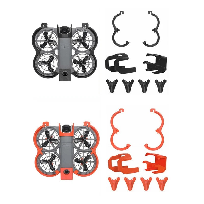 Drone bumper landing gear protector set with prop guards, shown in black and orange