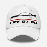 White dad hat with embroidered FPV GT FG car graphic on front