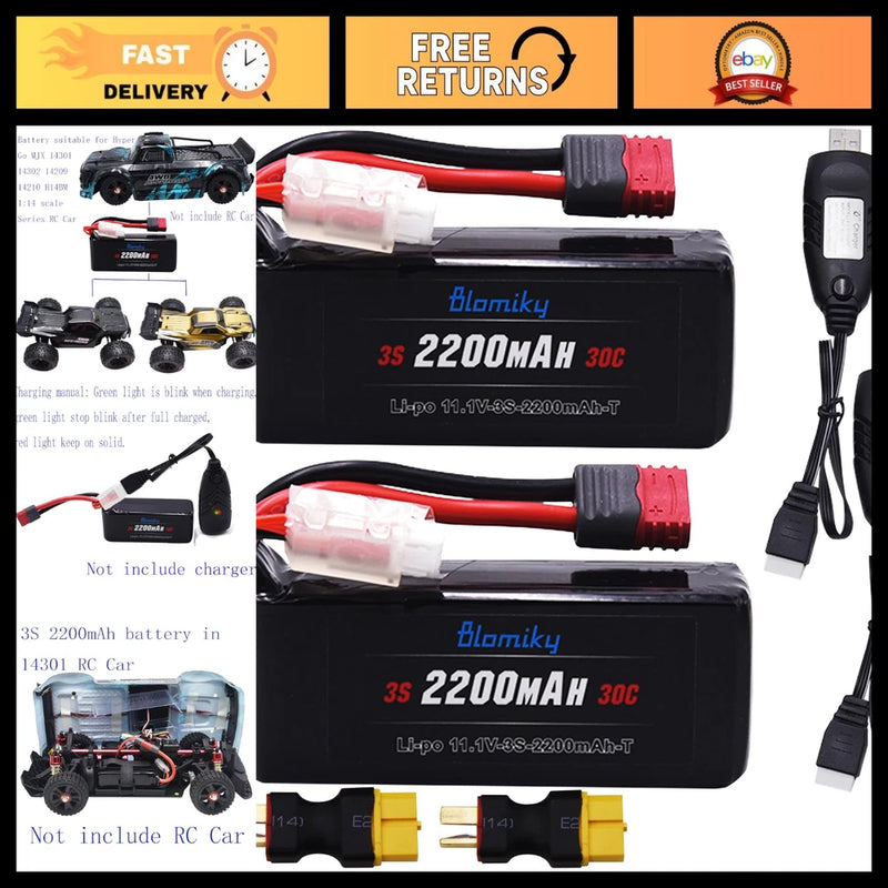 2 Pack 11.1V 3S 2200mAh 30C LiPo Shorty Batteries with XT60 Converter for RC Tru Converter