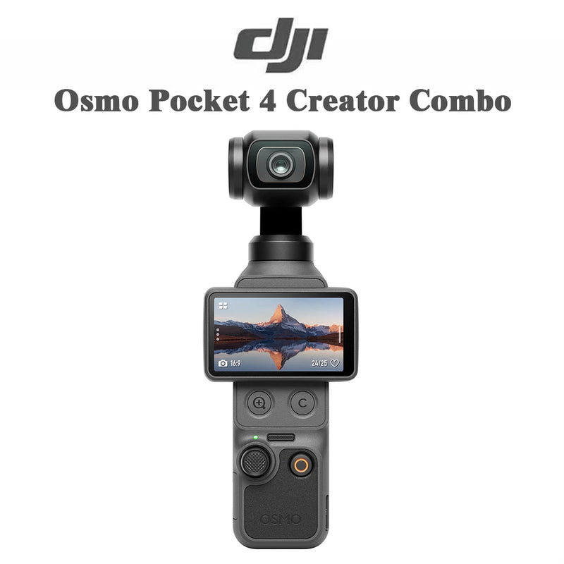Handheld gimbal camera with front display screen and attached lens, dark gray