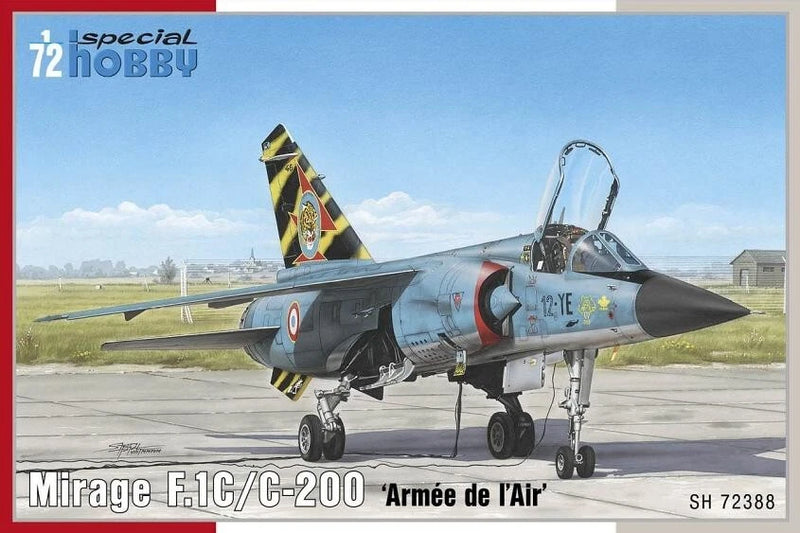 Mirage F.1C/C-200 fighter jet model, 1:72 scale, gray body with yellow-green tail.
