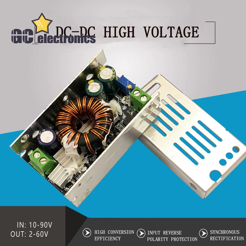 DC-DC step-down converter module PCB with cooling heatsink and green terminal blocks