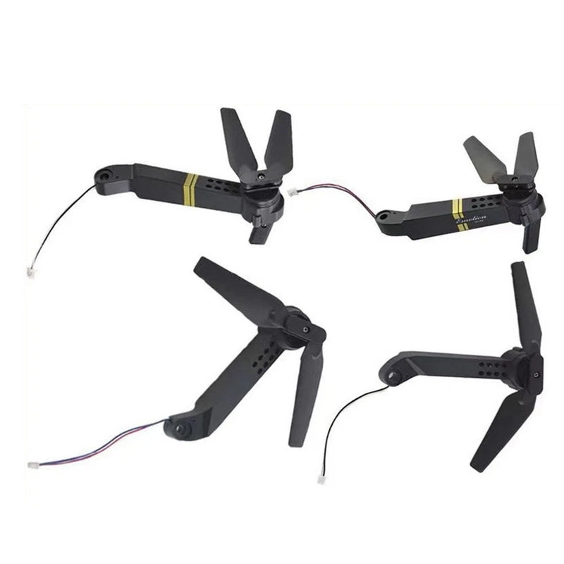 Folding drone propeller motor assemblies with four black blades and wiring