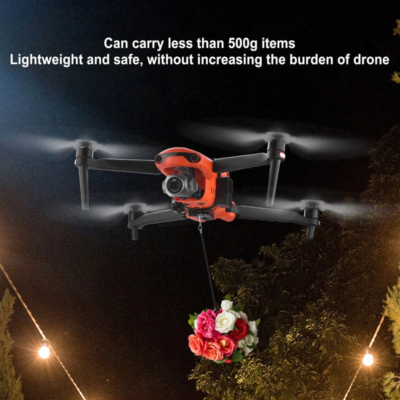 Orange and gray drone delivery thrower system holding a bouquet