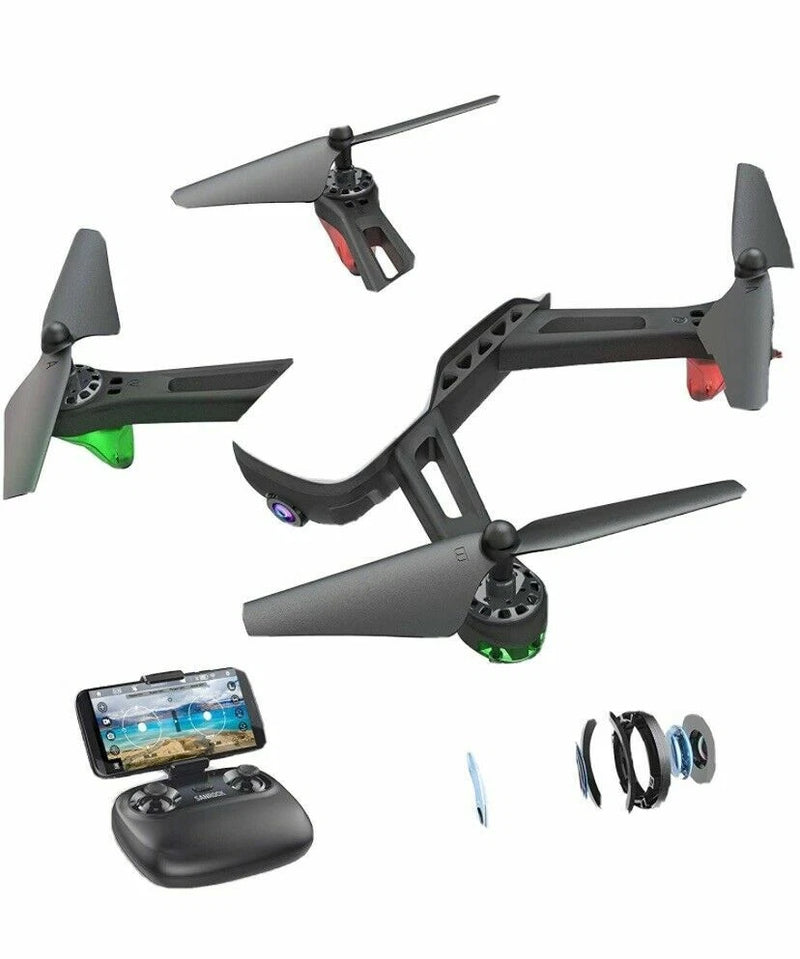 Compact quadcopter drone with built-in camera, plus remote controller and phone mount