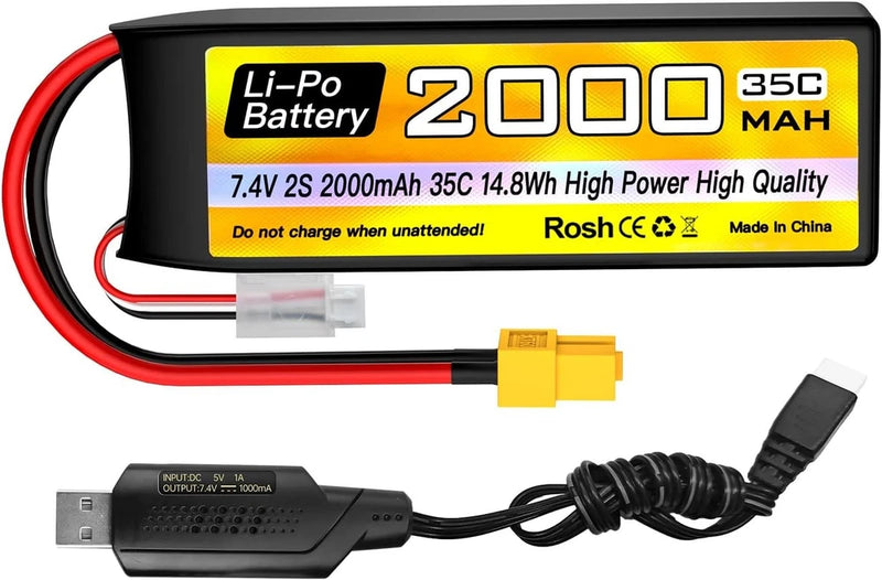 2S Lipo Battery 7.4V 2000mAh 35C with XT60 Plug and USB Charging Cable Suitable