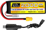 2S Lipo Battery 7.4V 2000mAh 35C with XT60 Plug and USB Charging Cable Suitable