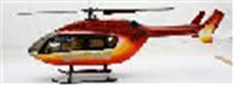 Orange-painted RC helicopter fuselage with side windows and skids