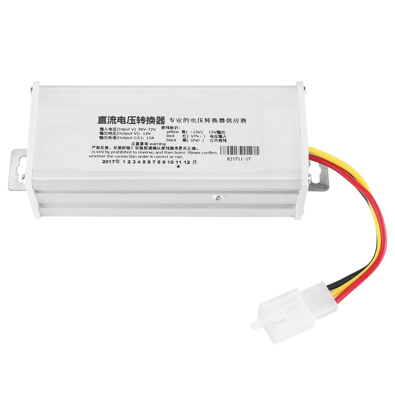 DC scooter voltage converter adapter, metal case with label and red/black/yellow wires