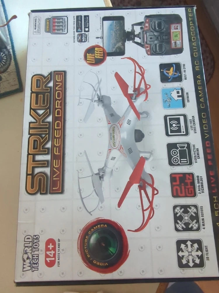 Boxed FPV drone with live feed to handheld controller, HD720P system packaging