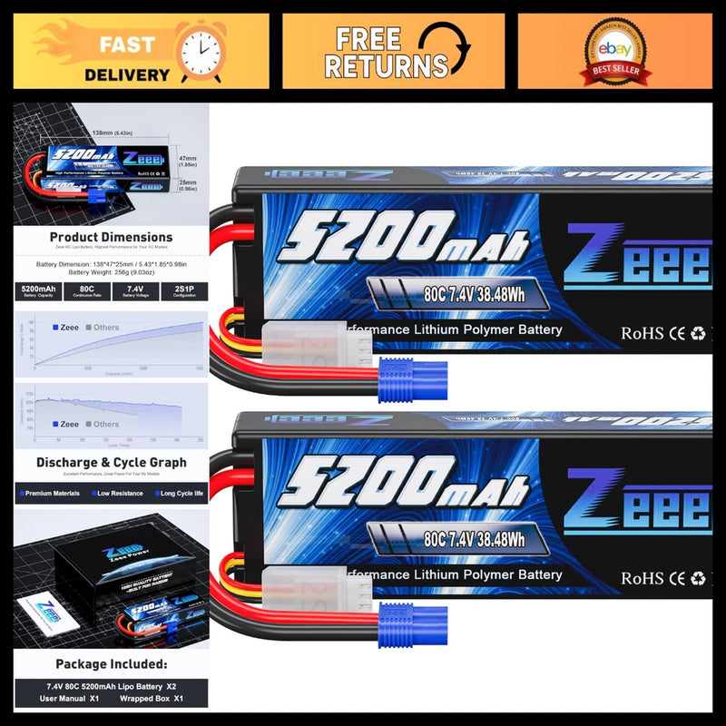 High-Performance 2S Lipo Battery 7.4V 5200mAh 80C EC3 Plug - Dual Pack Battery