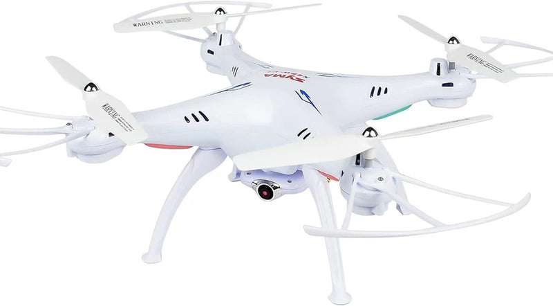 White quadcopter FPV drone with front camera lens and four propellers
