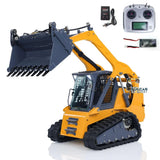 RC hydraulic skid-steer loader with front bucket and remote transmitter