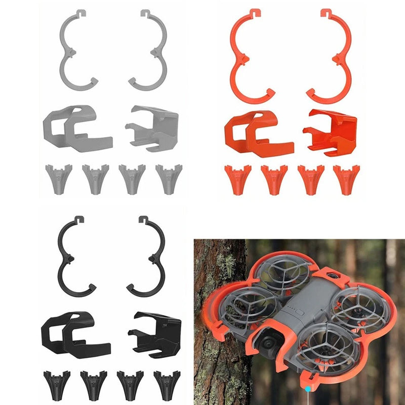 Drone propeller guard collar protection set with gray, black, and orange guards and bumpers