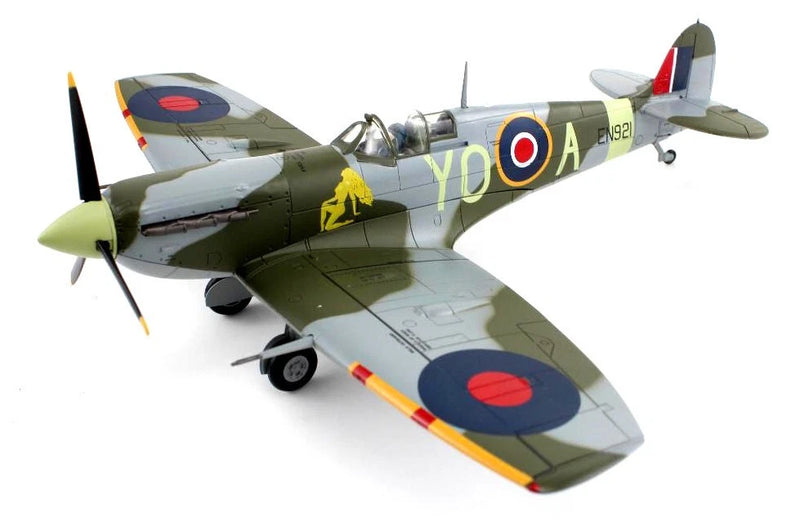 Green and white Spitfire Mk. Vb fighter plane model with RCAF roundel markings