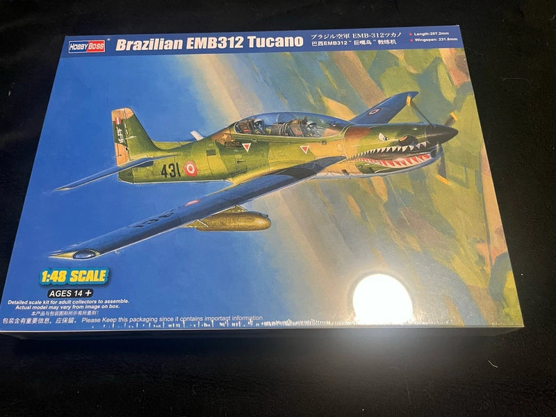 HobbyBoss 1/48 Brazilian EMB-312 Tucano model kit box with fighter aircraft artwork
