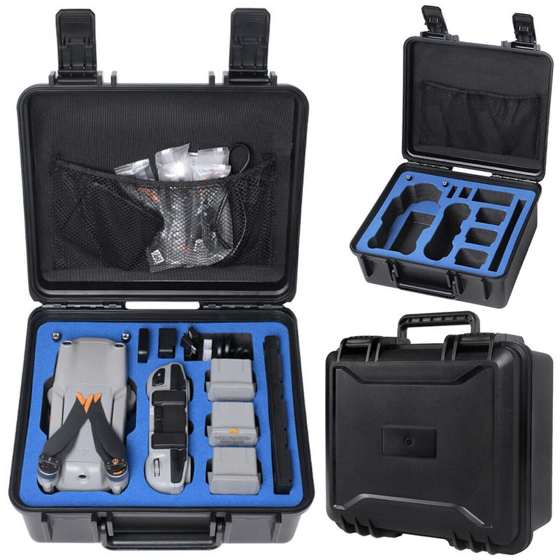 Shockproof drone hard case with blue foam insert, mesh pocket, open top for parts