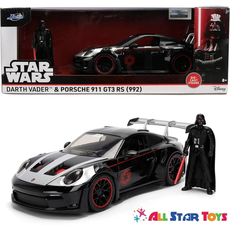 Black Porsche 911 GT3 RS model car with red accents and Darth Vader action figure