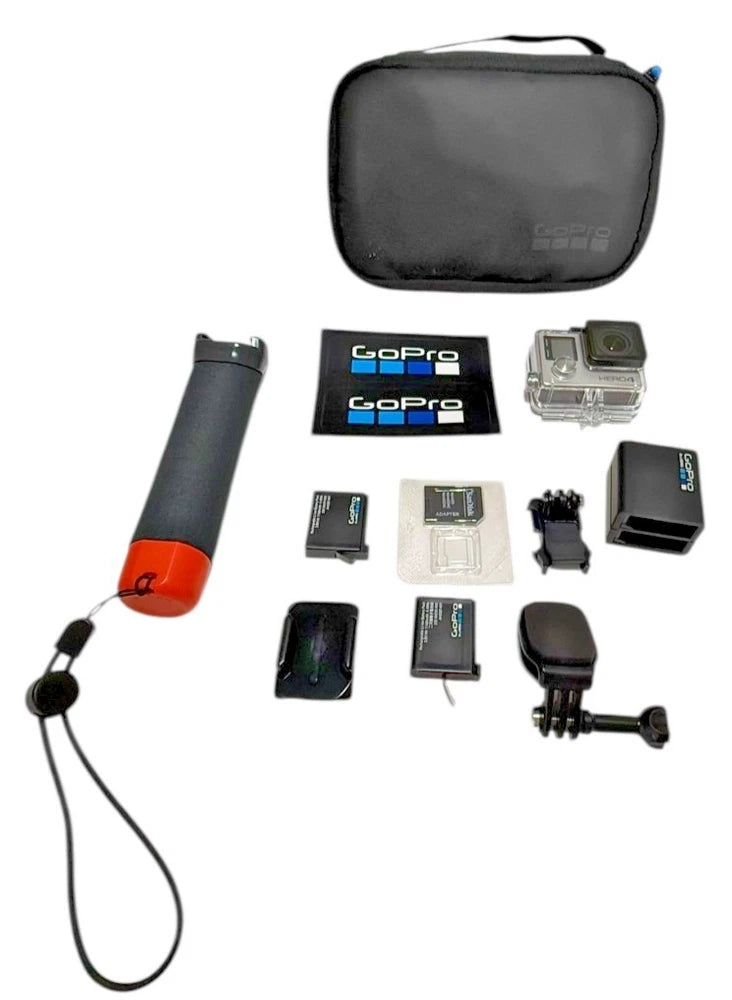 GoPro action camera accessory kit with camera, mounts, case, and zip pouch