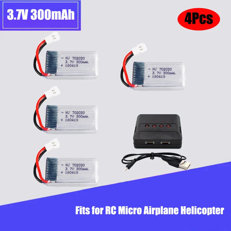 4Pcs 300mAh 3.7V 702030 High Rate Helicopter Quadcopter Battery +USB Charger Battery