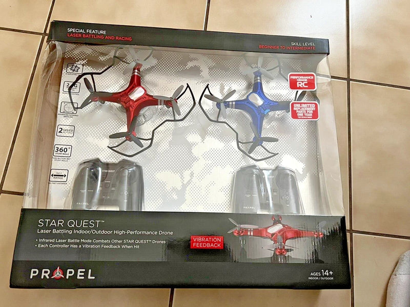 Propel Star Quest drone set box with red and blue quad-style racing drones