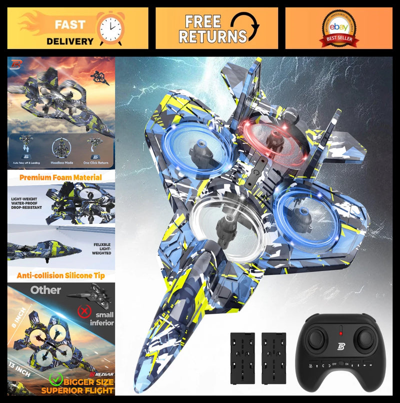 RC fighter airplane drone in blue and yellow with attached remote control and buttons