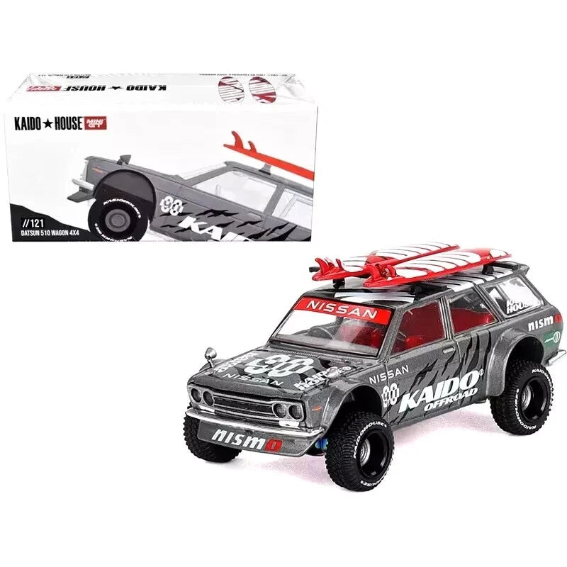 Black 1/64 off-road wagon die-cast model with red roof rack, front 3/4 view