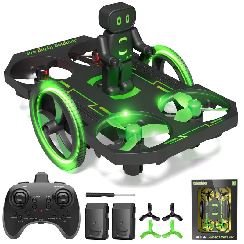 Green and black LED drone with remote controller, two batteries, and four propellers