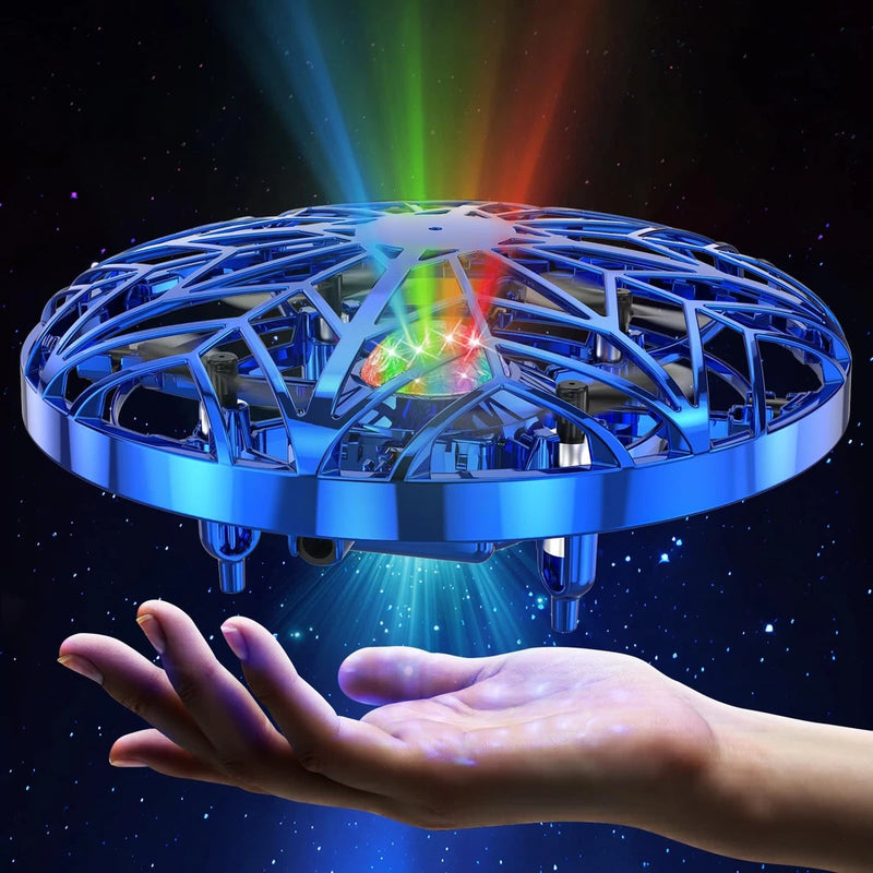Blue hand-operated flying drone toy with glowing light ring and open frame