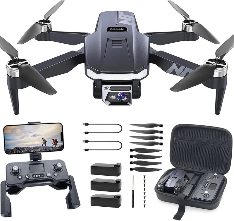 Foldable black quadcopter drone with 4-blade propellers, handheld controller and accessory case
