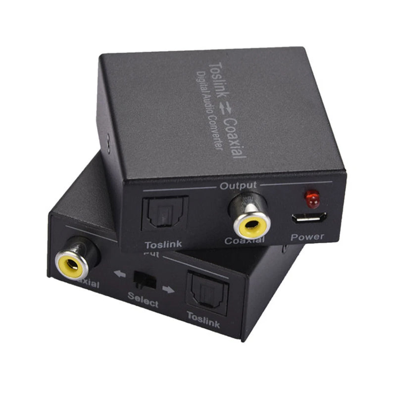 Two-way audio converter with Toslink, coaxial, and power ports in black metal box