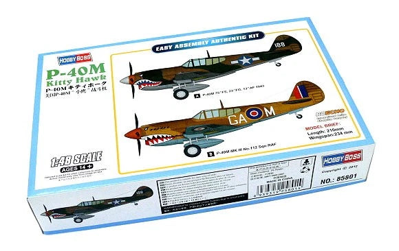 1/48 P-40M aircraft model kit box with Kitty Hawk artwork and marking decals
