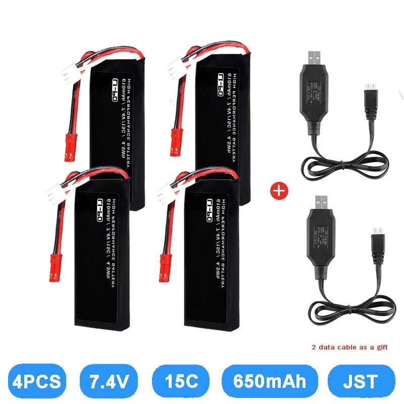 Four 7.4V 15C LiPo RC drone batteries with JST plugs and charging cables